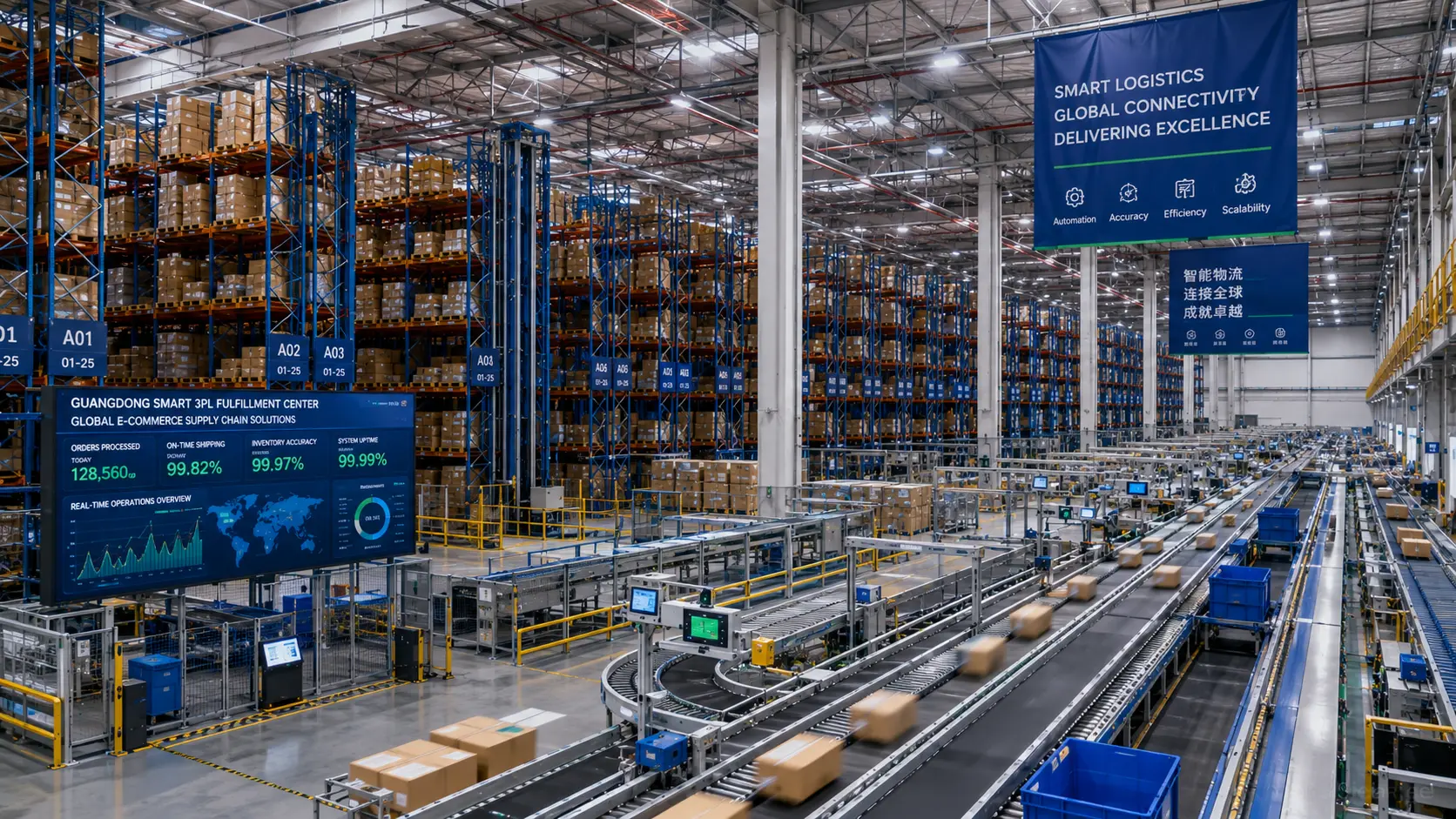 An expansive e-commerce 3PL warehouse facility in Shenzhen Guangdong showing organized high-density pallet racks barcodes and automated inventory tracking systems for cross-border logistics.