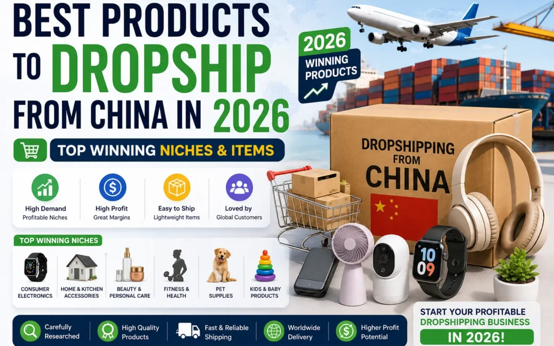 Feature image showcasing the best products to dropship from China in 2026, including trending winning niches such as consumer electronics, smart gadgets, beauty products, home accessories, fitness equipment, pet supplies, and baby products for Shopify and WooCommerce stores targeting customers in the USA, UK, Canada, Australia, and Europe.