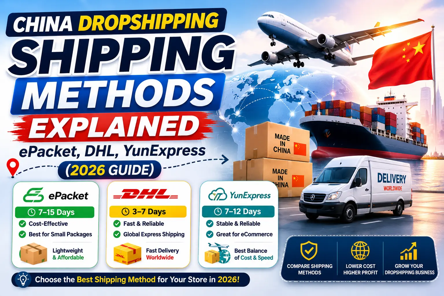 Comparison feature image explaining China dropshipping shipping methods including ePacket, DHL, and YunExpress for Shopify and WooCommerce stores. Shows international air and sea freight, delivery times, global shipping routes, and fulfillment from China to the USA, UK, Canada, Australia, and Europe in 2026.