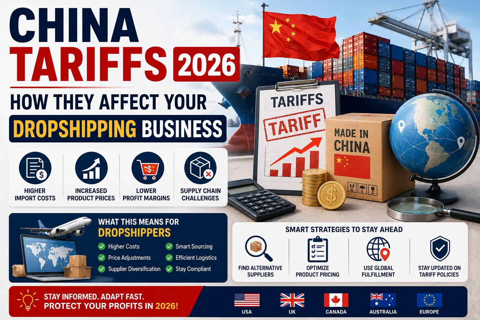 Feature image explaining how China tariffs in 2026 affect dropshipping businesses, including import costs, product pricing, profit margins, global shipping, and sourcing strategies for Shopify and WooCommerce stores serving customers in the USA, UK, Canada, Australia, and Europe.