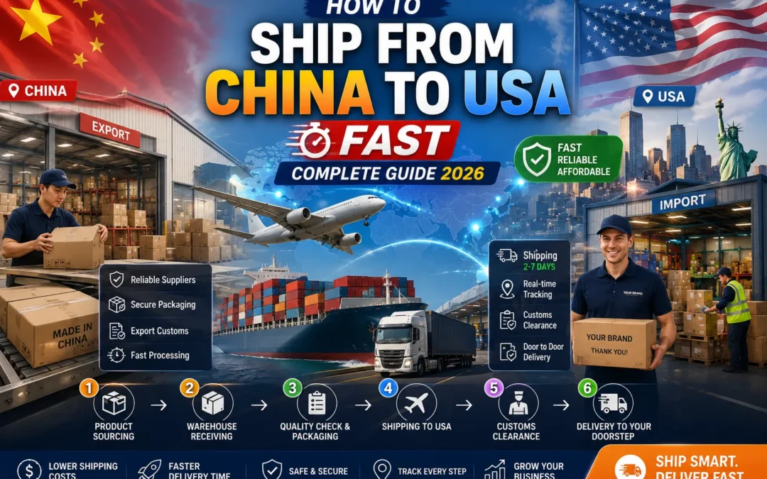 Cargo plane, container ship, and delivery truck illustrating fast shipping from China to the USA with customs clearance and global logistics.