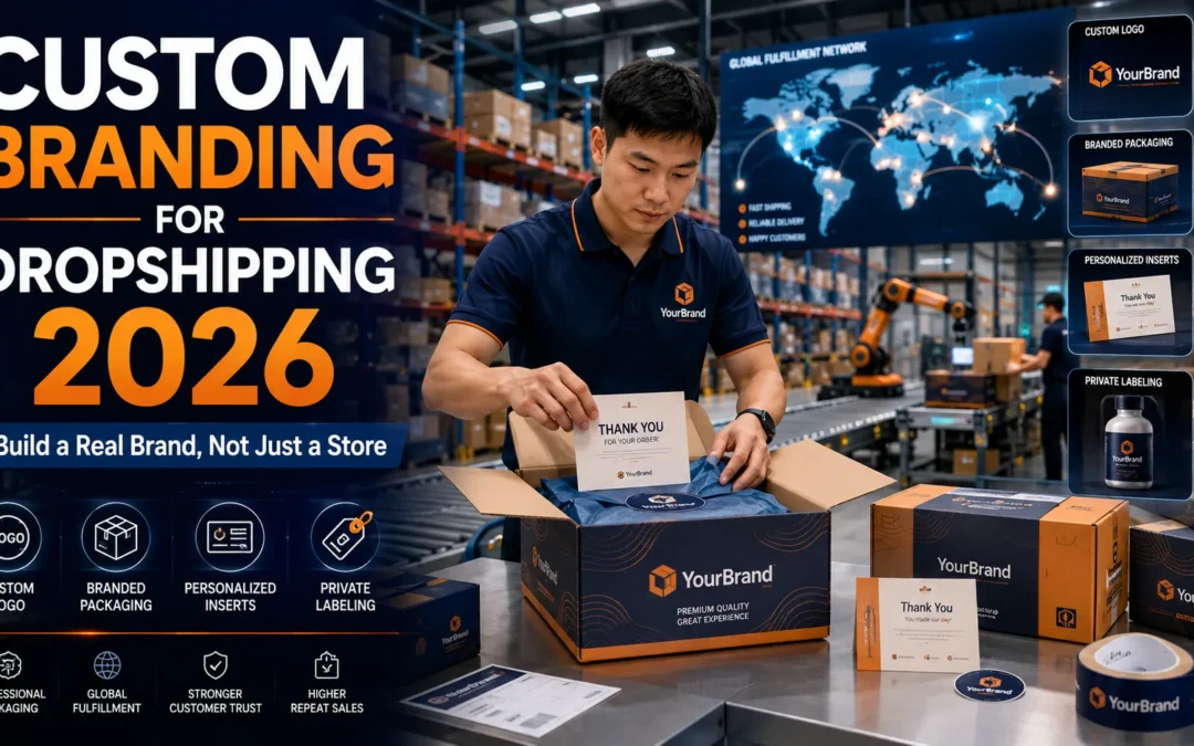 Professional fulfillment agent adding custom branded packaging, thank-you cards, logo stickers, and private label inserts to dropshipping orders in a modern warehouse.