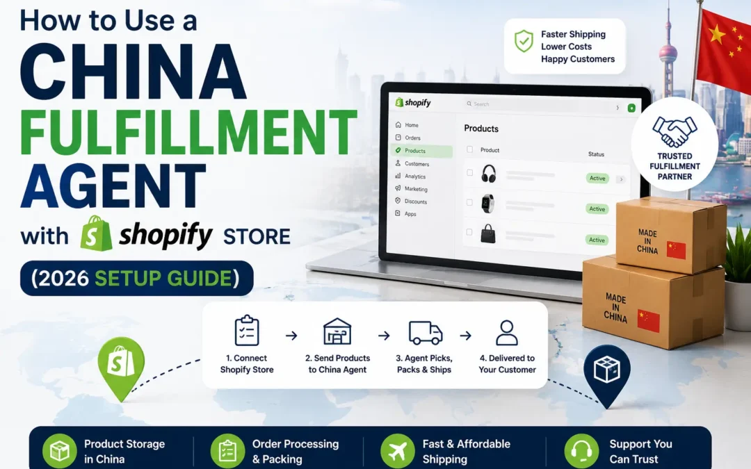 Feature image showing a Shopify store connected to a China fulfillment agent with product management, warehouse fulfillment, shipping workflow, and delivery process for Shopify dropshipping in 2026.