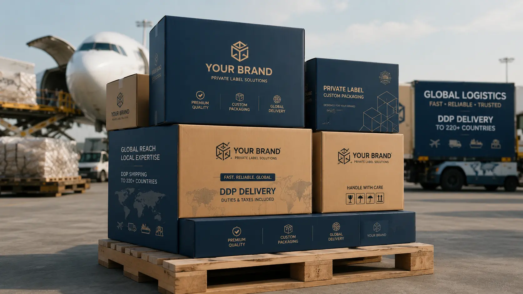 Premium private label custom cardboard e-commerce shipping boxes with branded logos prepared for fast global delivery via cross-border tracked air freight DDP shipping lines from China.