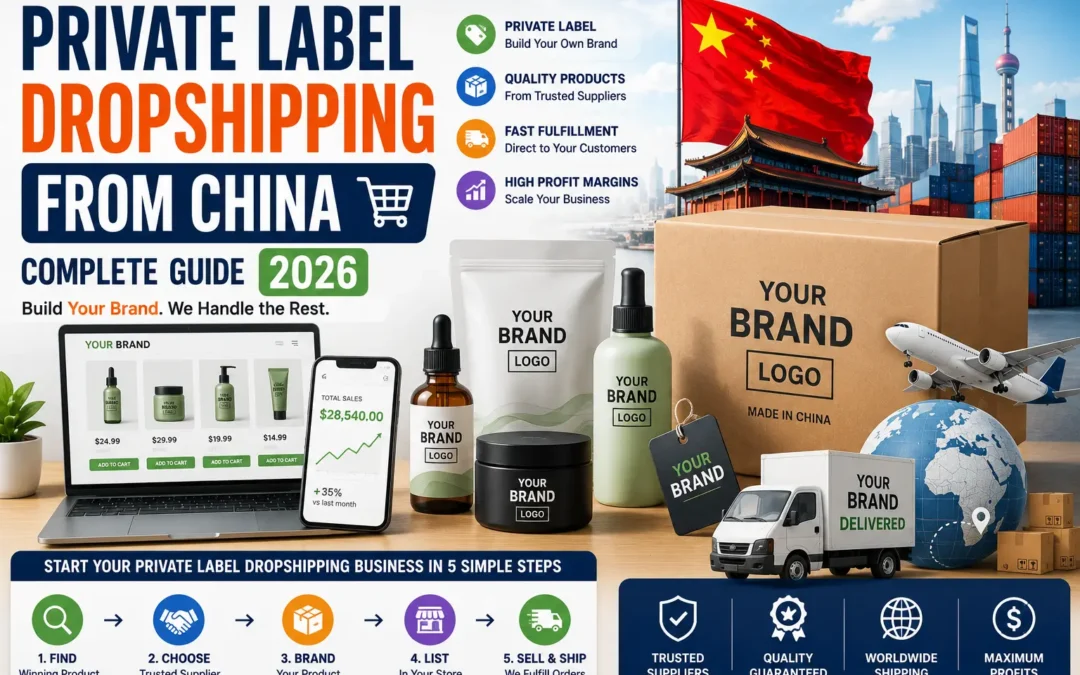 Feature image showing private label dropshipping from China with custom branded products, supplier sourcing, fulfillment, global shipping, and eCommerce branding for Shopify and WooCommerce stores targeting customers in the USA, UK, Canada, Australia, and Europe.