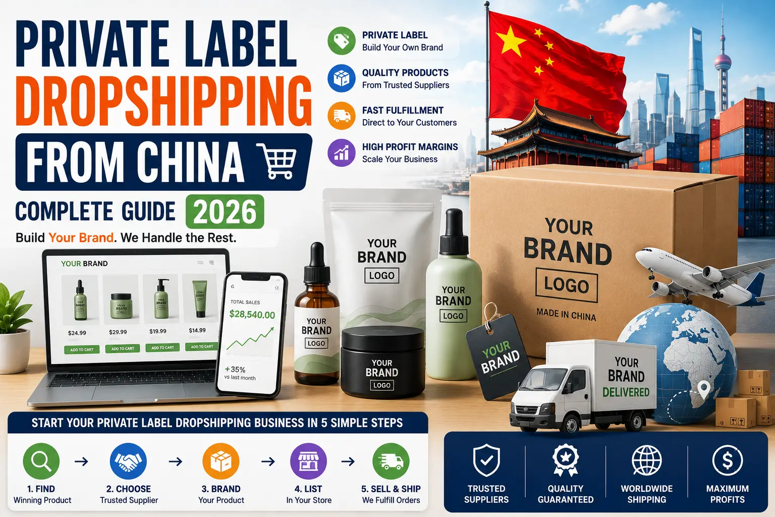 Feature image showing private label dropshipping from China with custom branded products, supplier sourcing, fulfillment, global shipping, and eCommerce branding for Shopify and WooCommerce stores targeting customers in the USA, UK, Canada, Australia, and Europe.