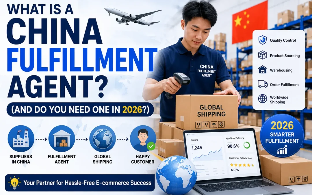 Professional feature image showing a China fulfillment agent managing warehouse operations, product sourcing, order fulfillment, quality control, and global shipping for eCommerce and Shopify stores in 2026.