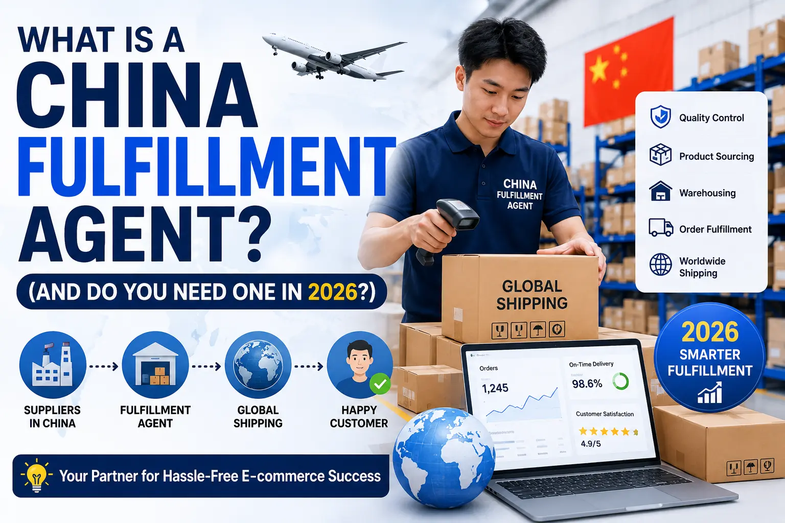 Professional feature image showing a China fulfillment agent managing warehouse operations, product sourcing, order fulfillment, quality control, and global shipping for eCommerce and Shopify stores in 2026.