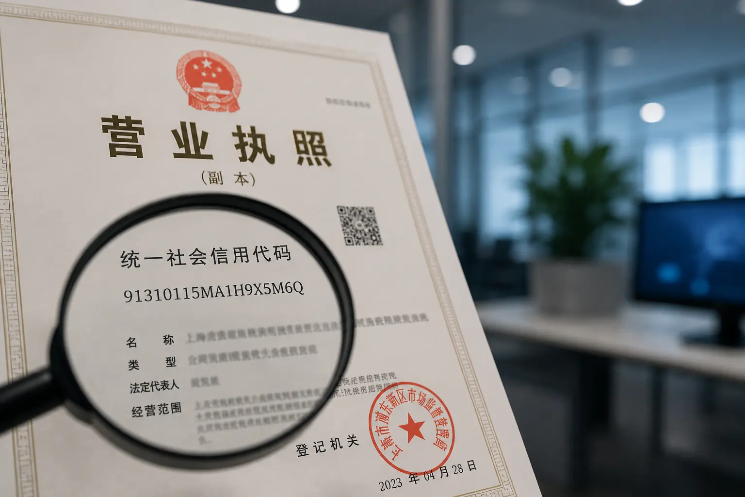 A magnifying glass inspecting an official Chinese corporate business license to verify the company registration details.