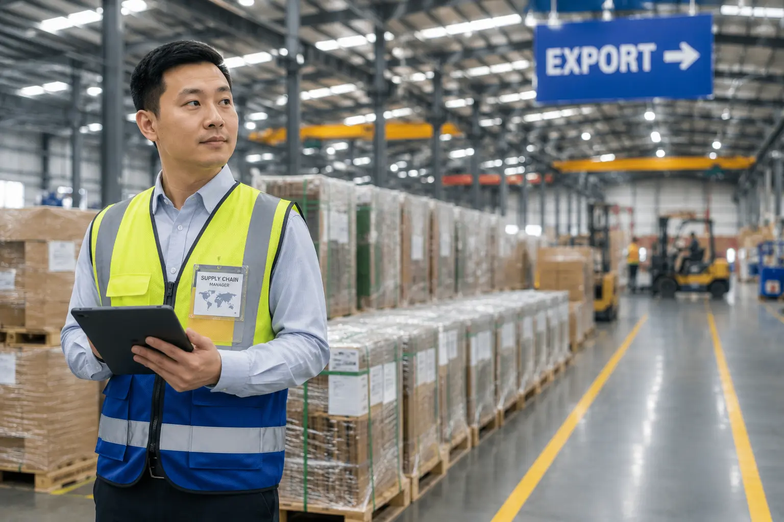 Logistics managers verifying cross-border export documentation at a manufacturing origin warehouse.