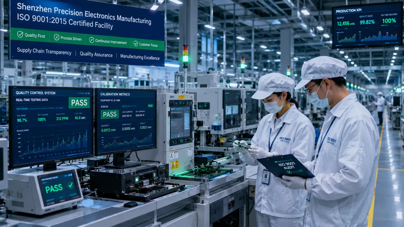An automated electronics manufacturing facility assembly line inside a verified factory in Shenzhen China executing strict quality control checks and ISO 9001 supply chain audits.