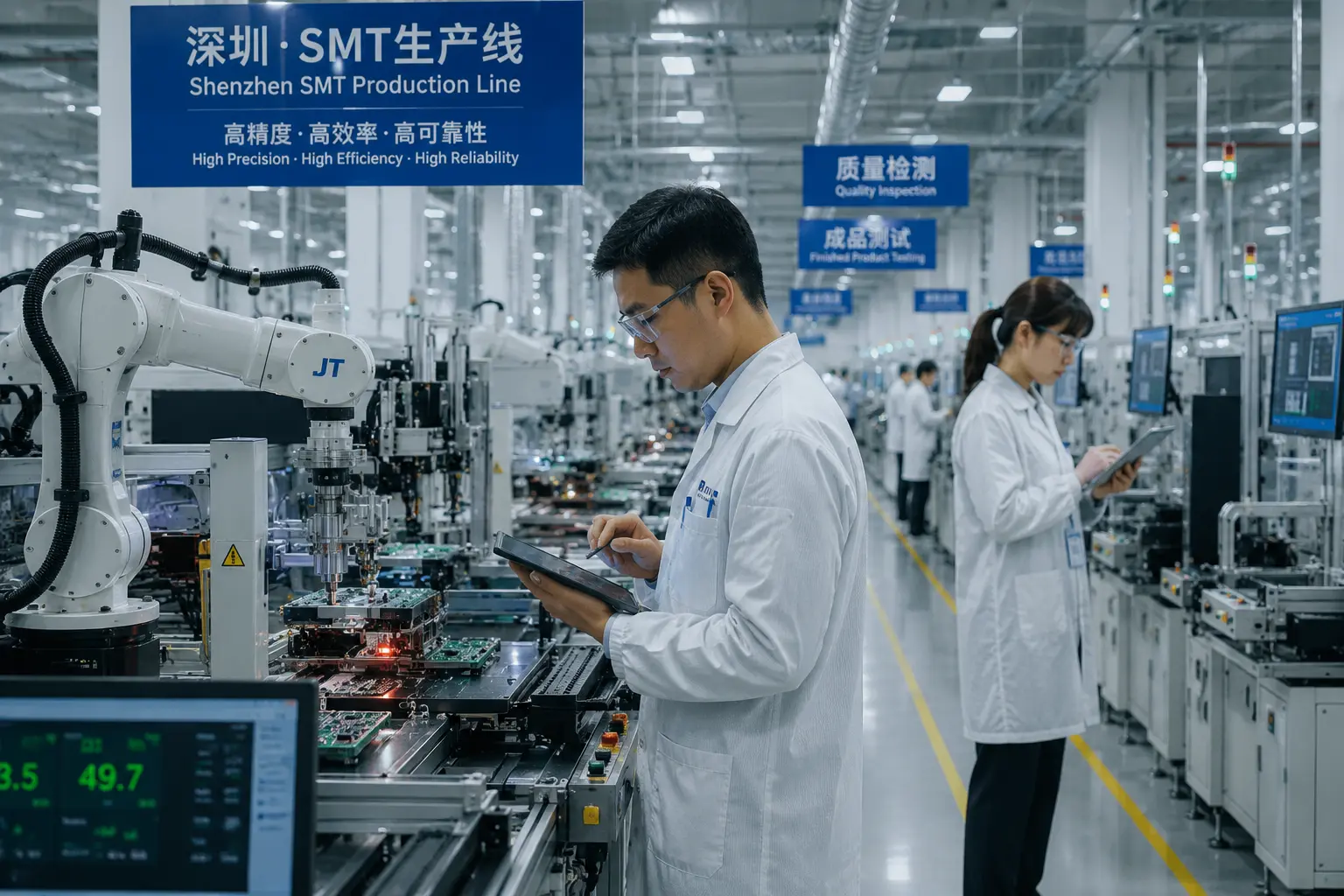 Quality control inspectors auditing an active electronics manufacturing production facility line in Shenzhen, China.