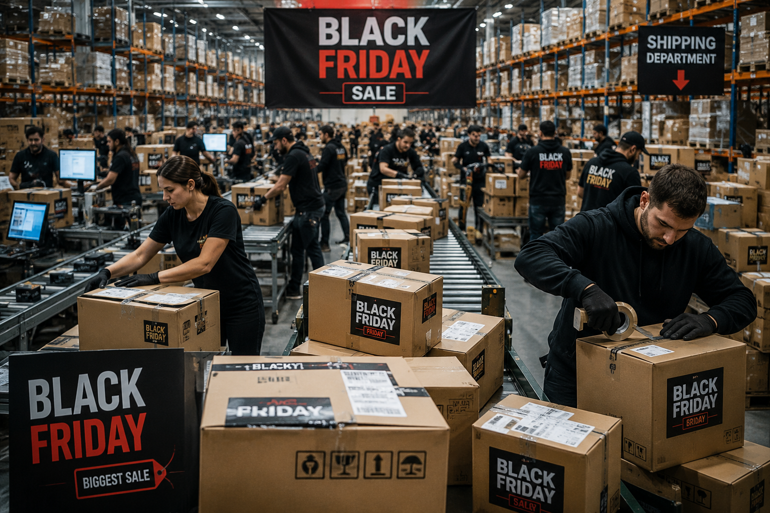 Warehouse workers packing Black Friday shipping boxes during peak order rush.