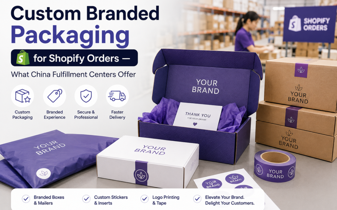 Custom branded packaging for Shopify orders with personalized boxes, inserts, and fulfillment center services from China.