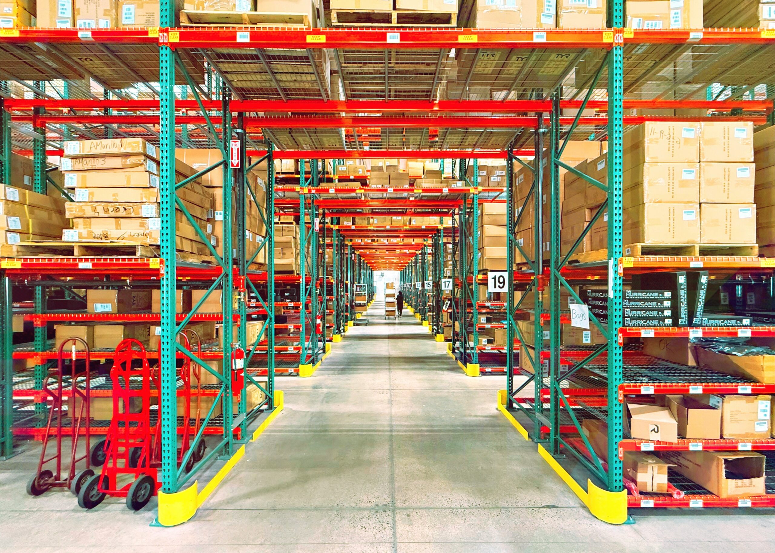 Warehouse shelves stocked with inventory for order fulfillment