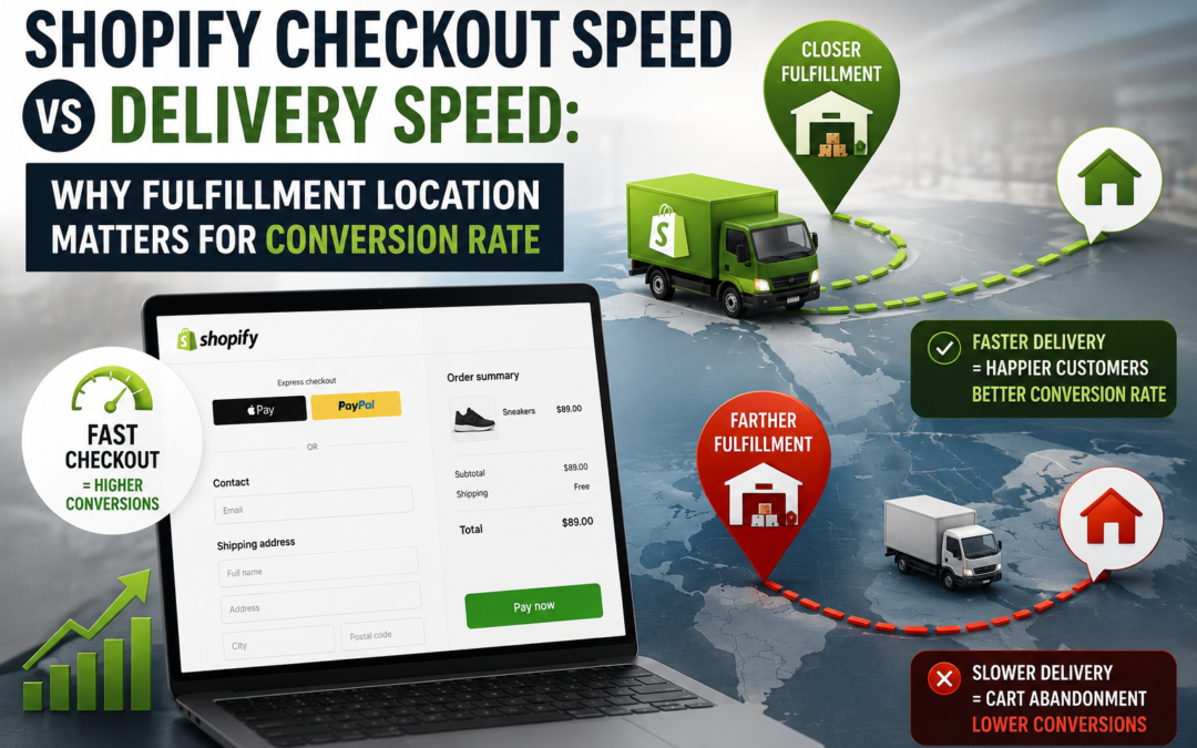 Shopify checkout on mobile showing fast delivery estimates with warehouse fulfillment improving conversion rates.