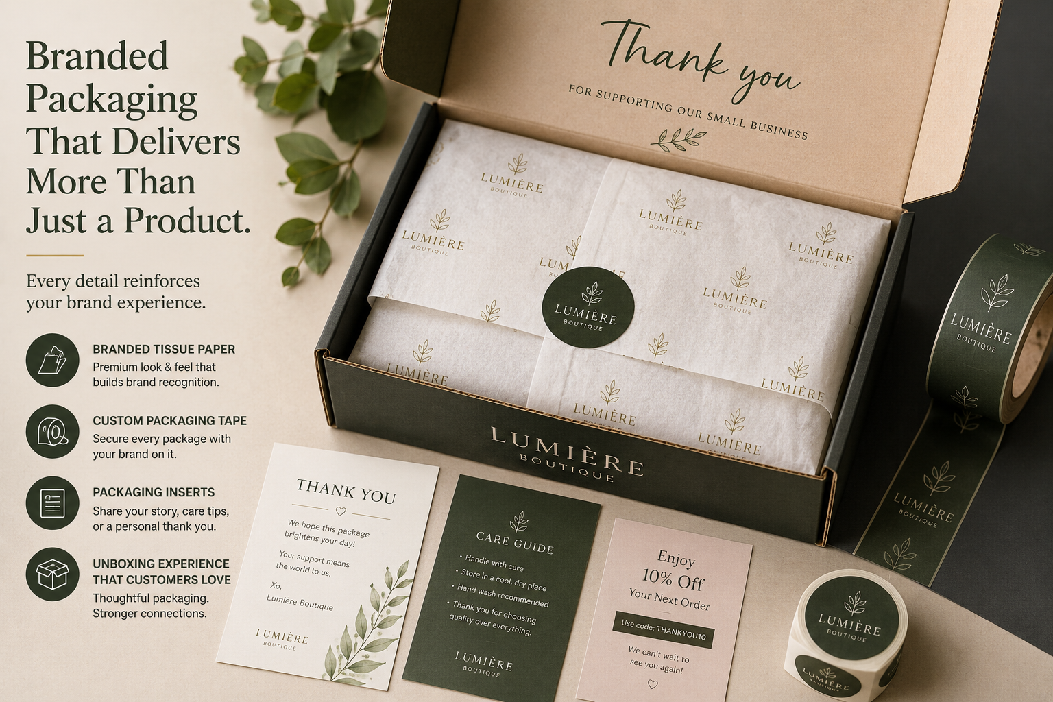 Branded tissue paper, custom tape, and packaging inserts for eCommerce product packaging.