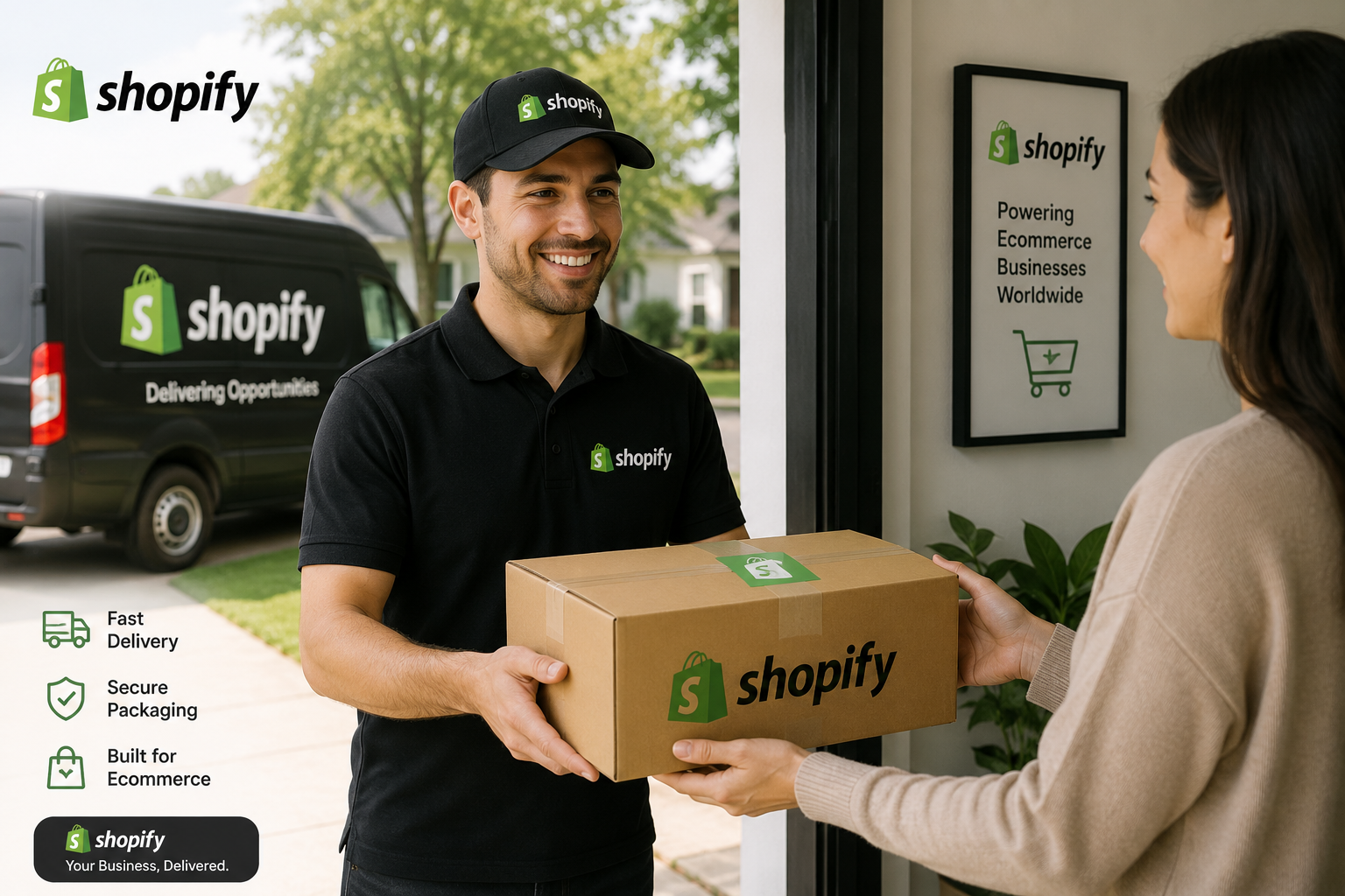 Courier delivering a package to a customer's doorstep.