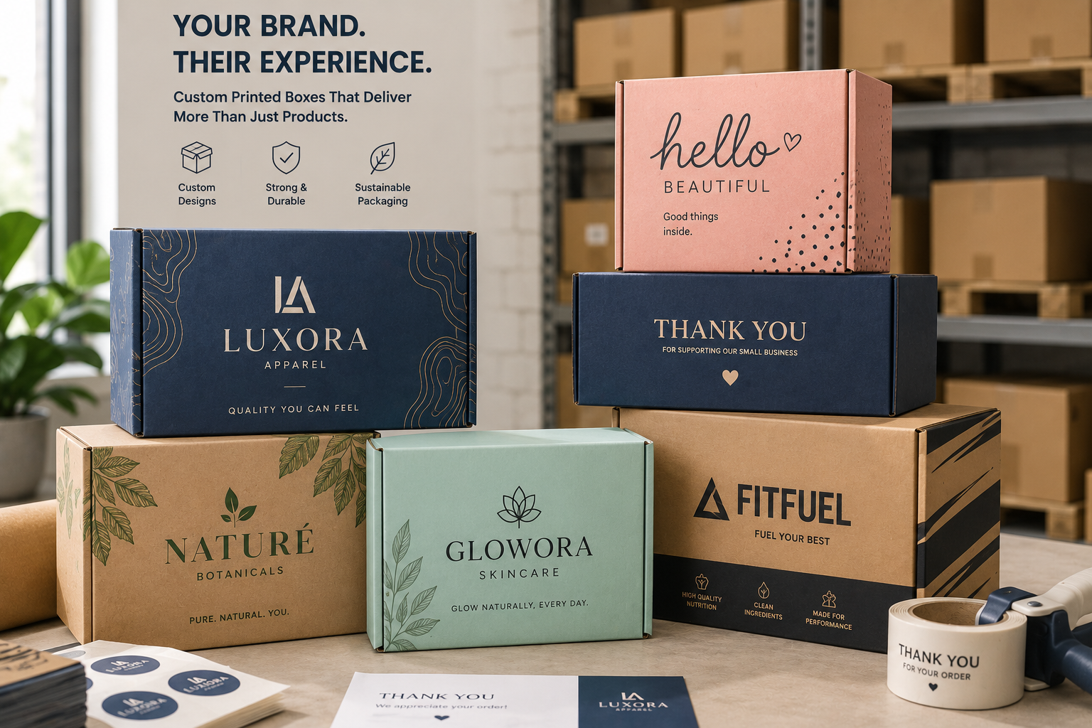 Custom printed branded shipping boxes featuring a company logo for eCommerce packaging.
