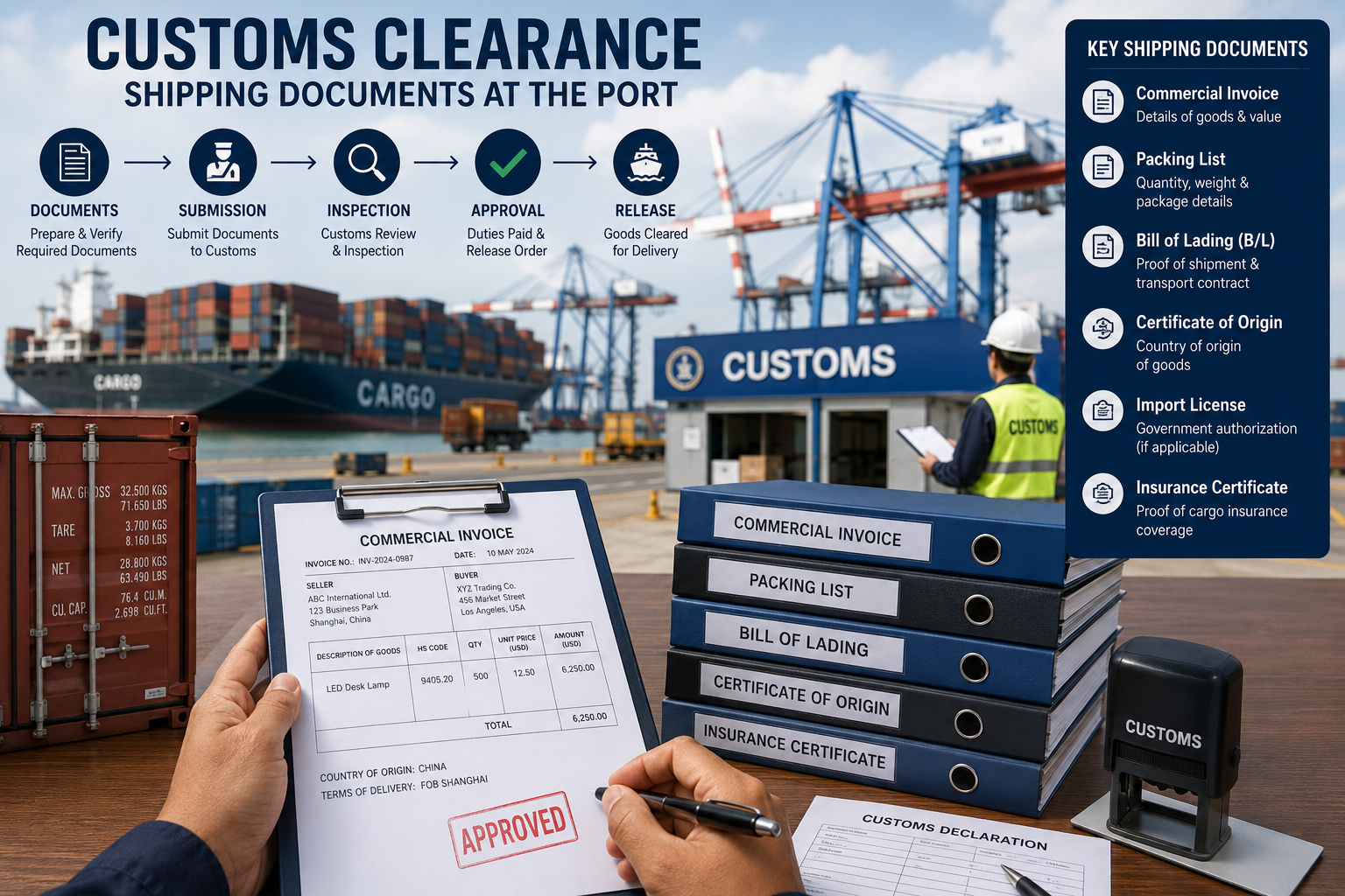 Customs clearance documents at a shipping port with cargo paperwork.
