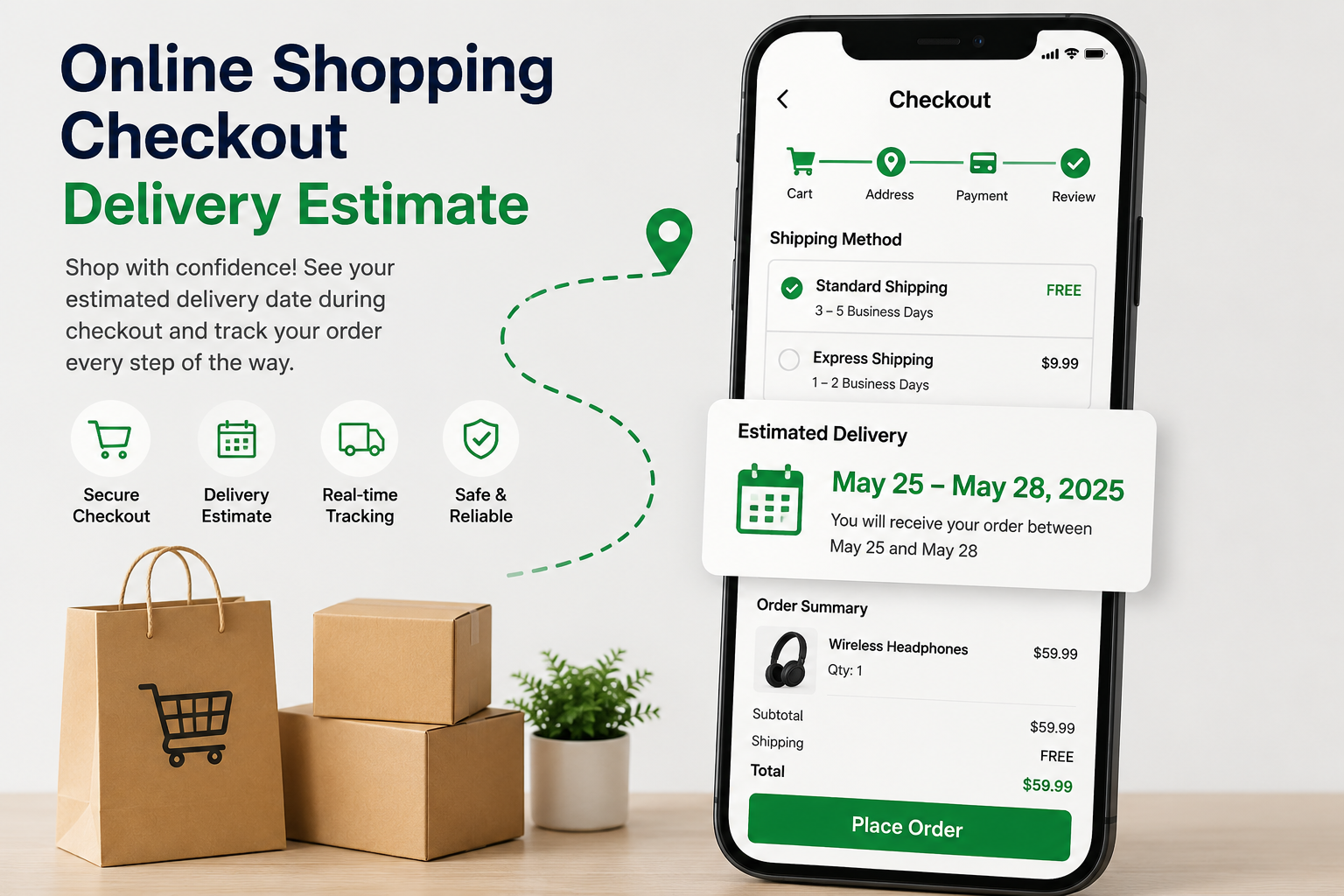Mobile checkout with delivery estimate.