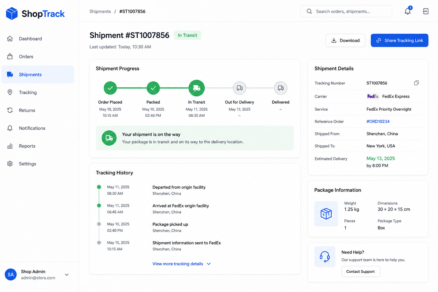 Order tracking dashboard showing shipment status, delivery updates, and logistics monitoring screen.