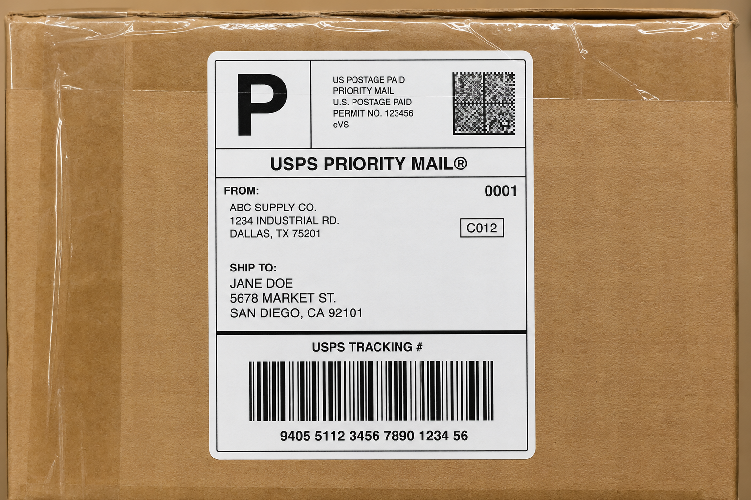 Packing box with tape and shipping label.