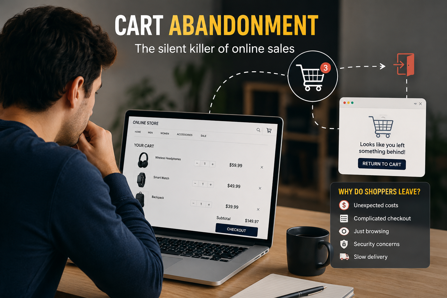 Person shopping online on a laptop with an abandoned shopping cart.