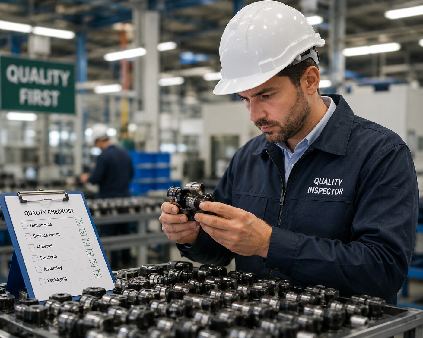 Quality inspector checking products and reviewing quality standards in a factory.