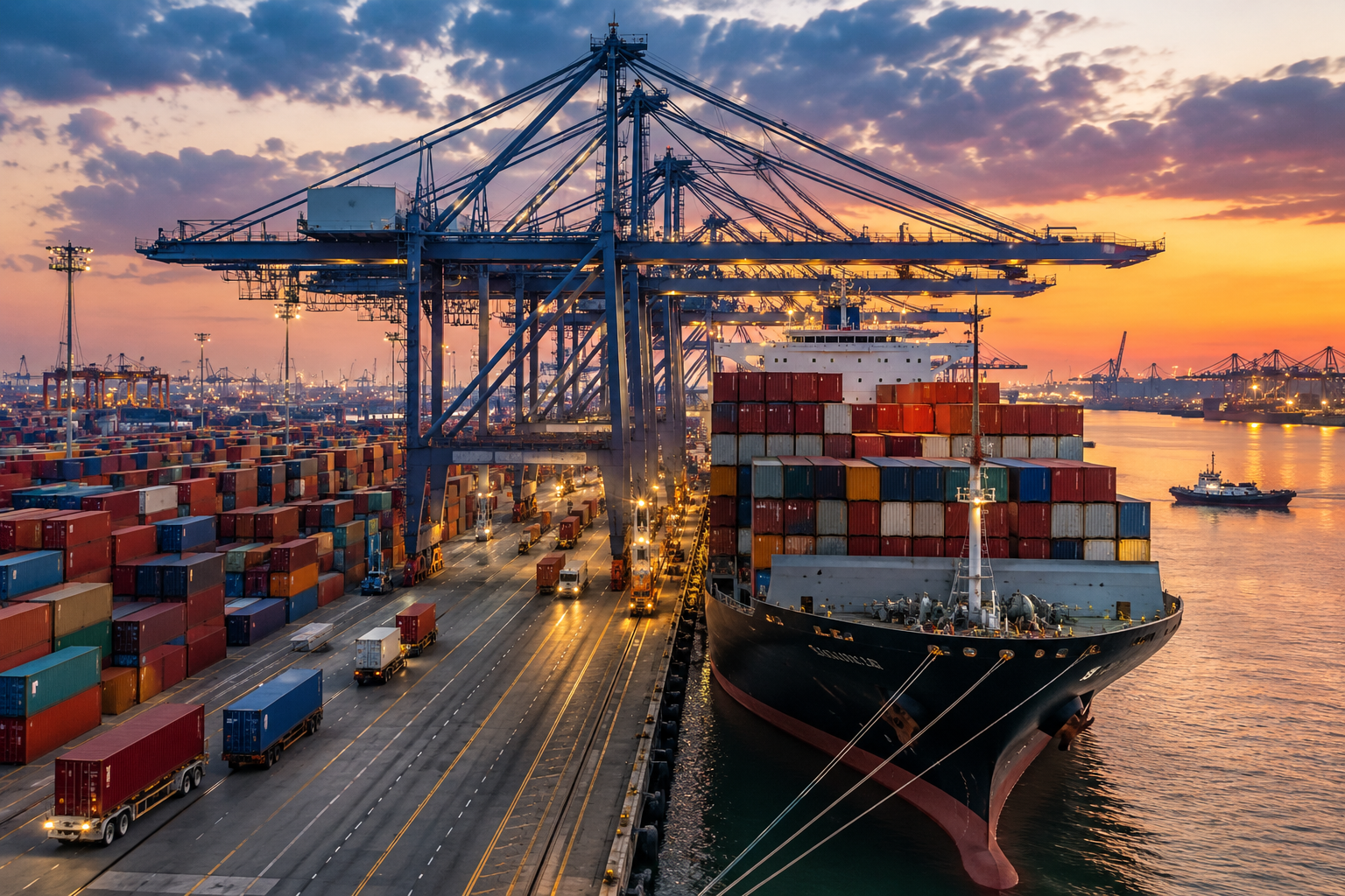 Shipping containers stacked at a busy cargo port with a container ship.