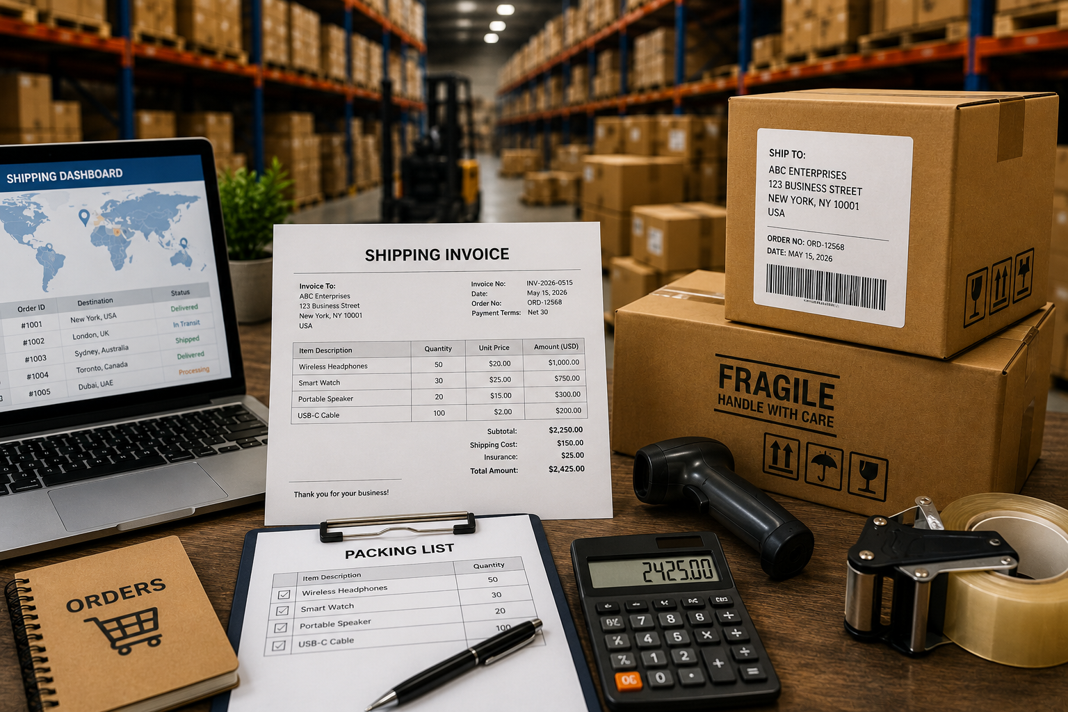 Shipping invoice and receipt with boxes in a warehouse.