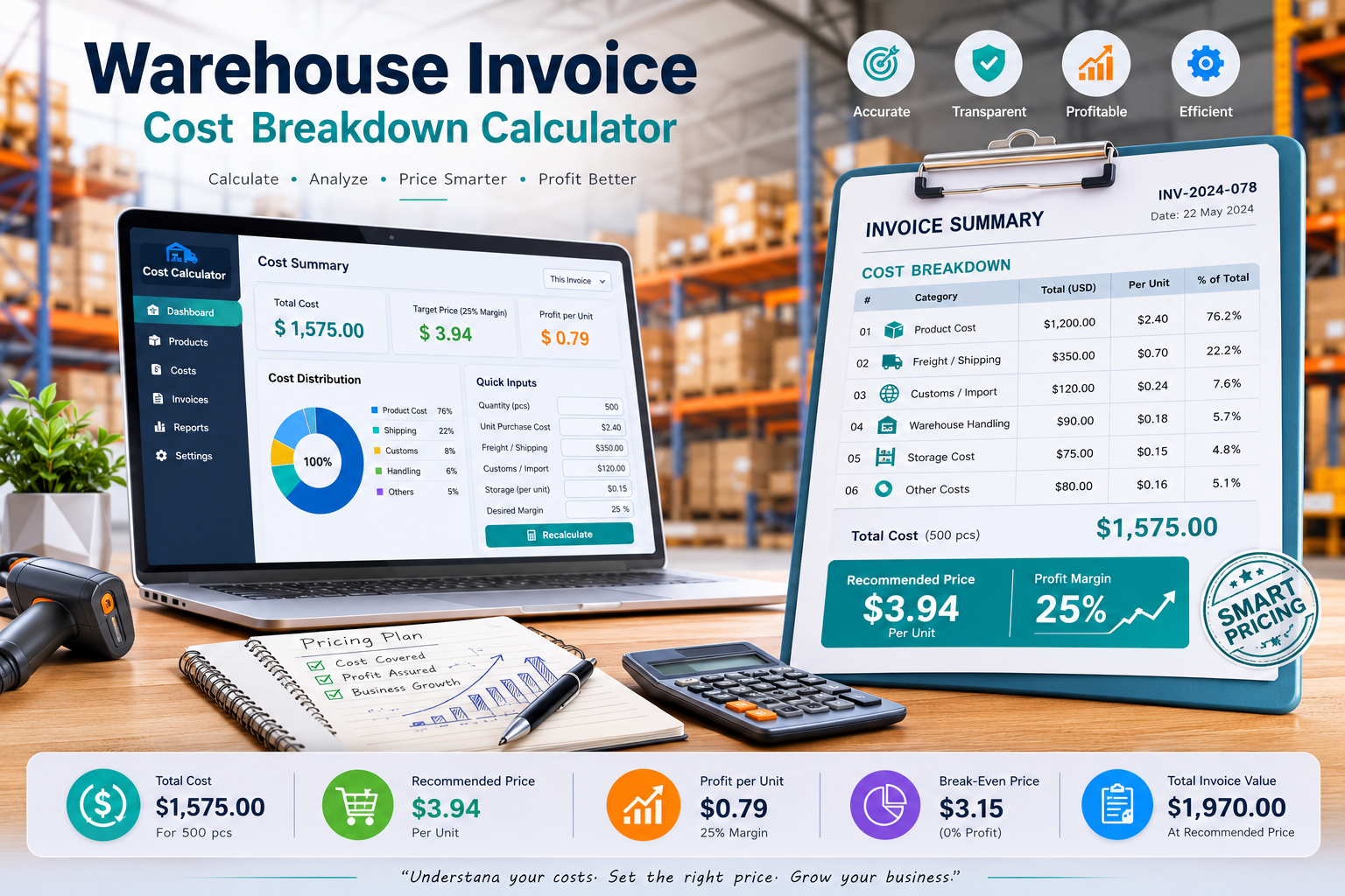 Warehouse invoice, cost breakdown, pricing calculator, and shipping boxes.