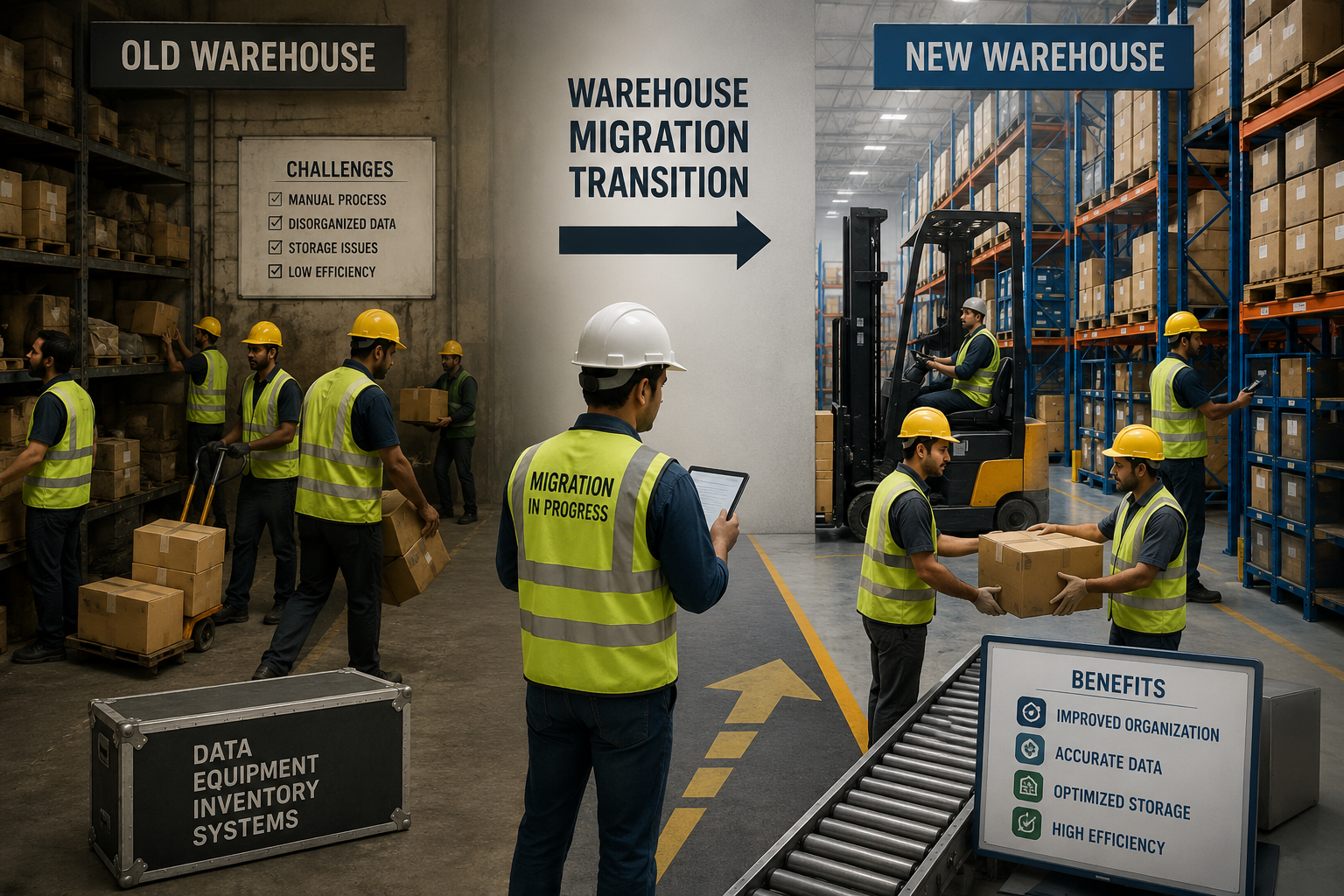 Warehouse workers managing logistics during fulfillment migration.