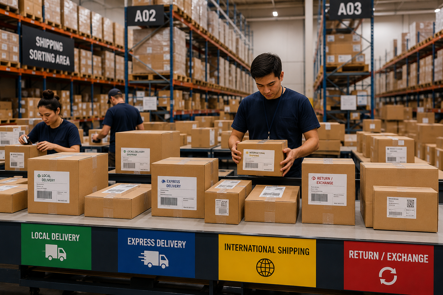 Warehouse sorting shipping boxes with labels