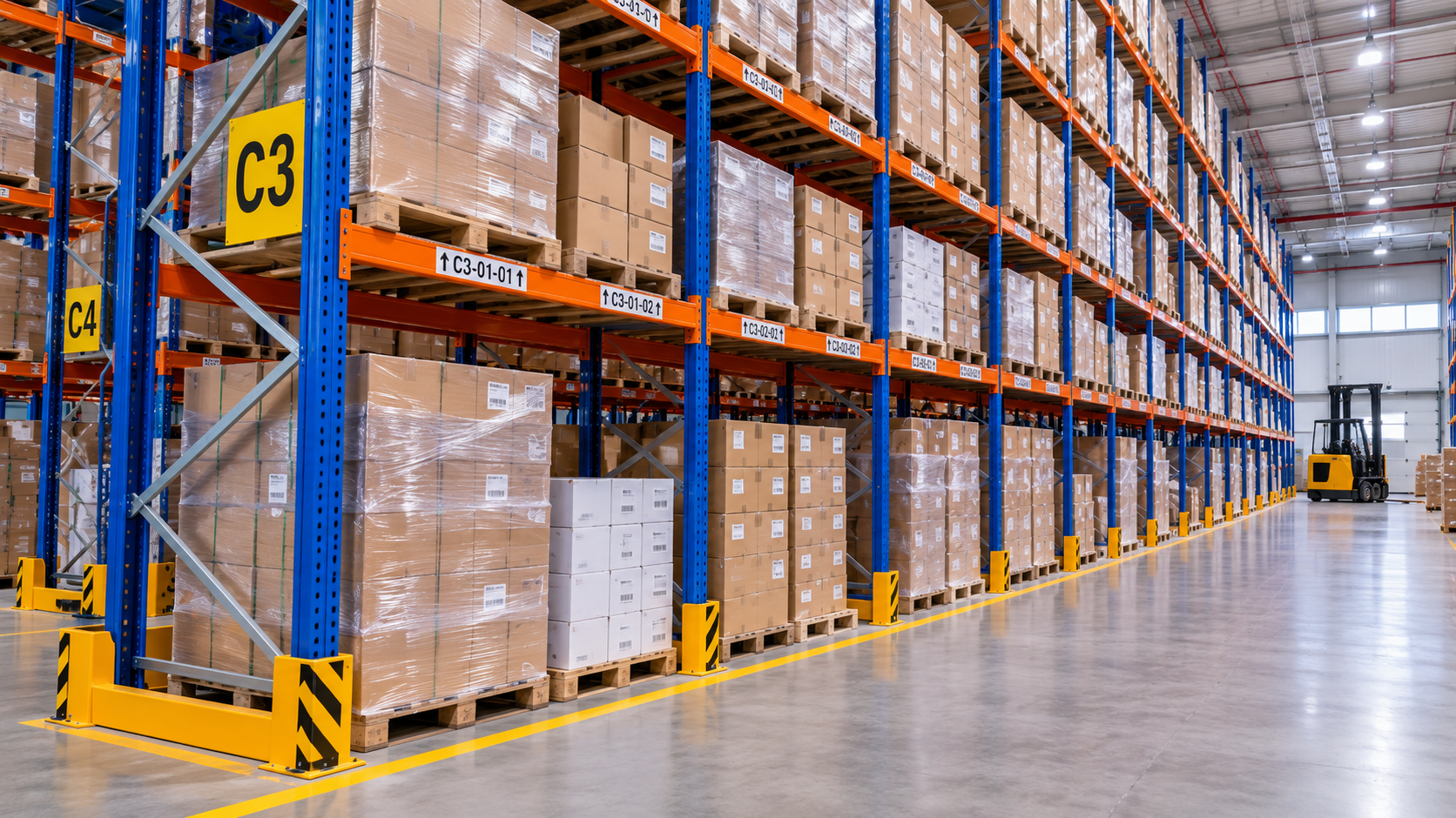 Warehouse pallet racking storage with organized inventory on industrial shelving.