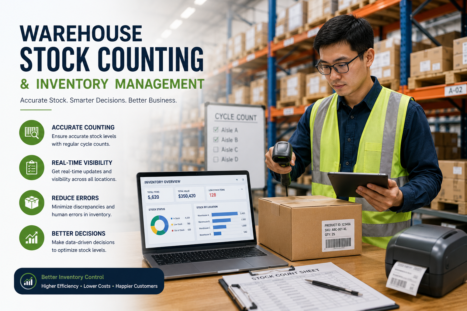 Warehouse staff counting inventory with stock management system.