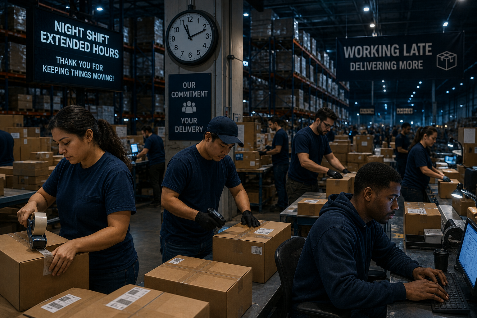 Night warehouse team fulfilling customer orders