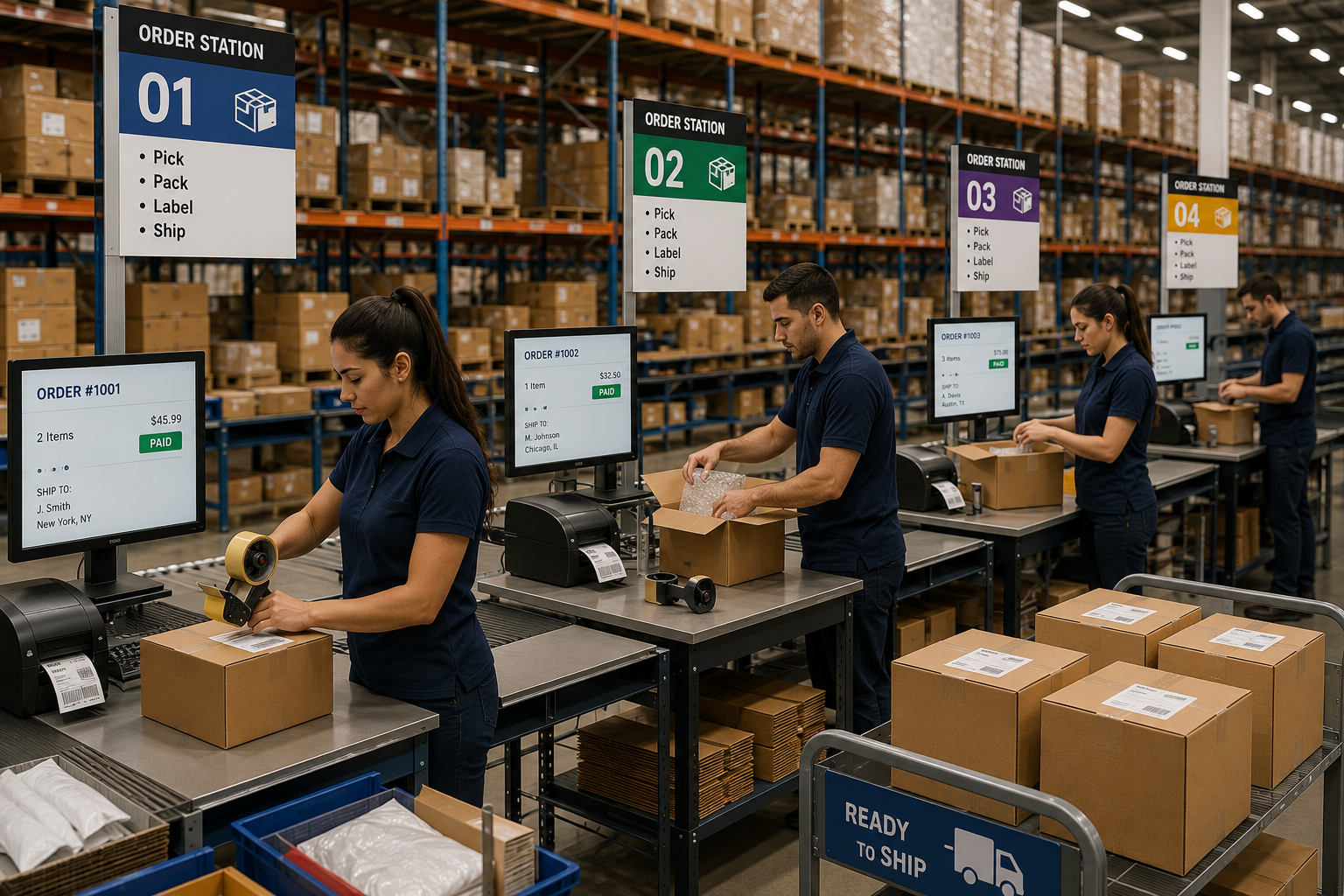 Warehouse workers packing customer orders