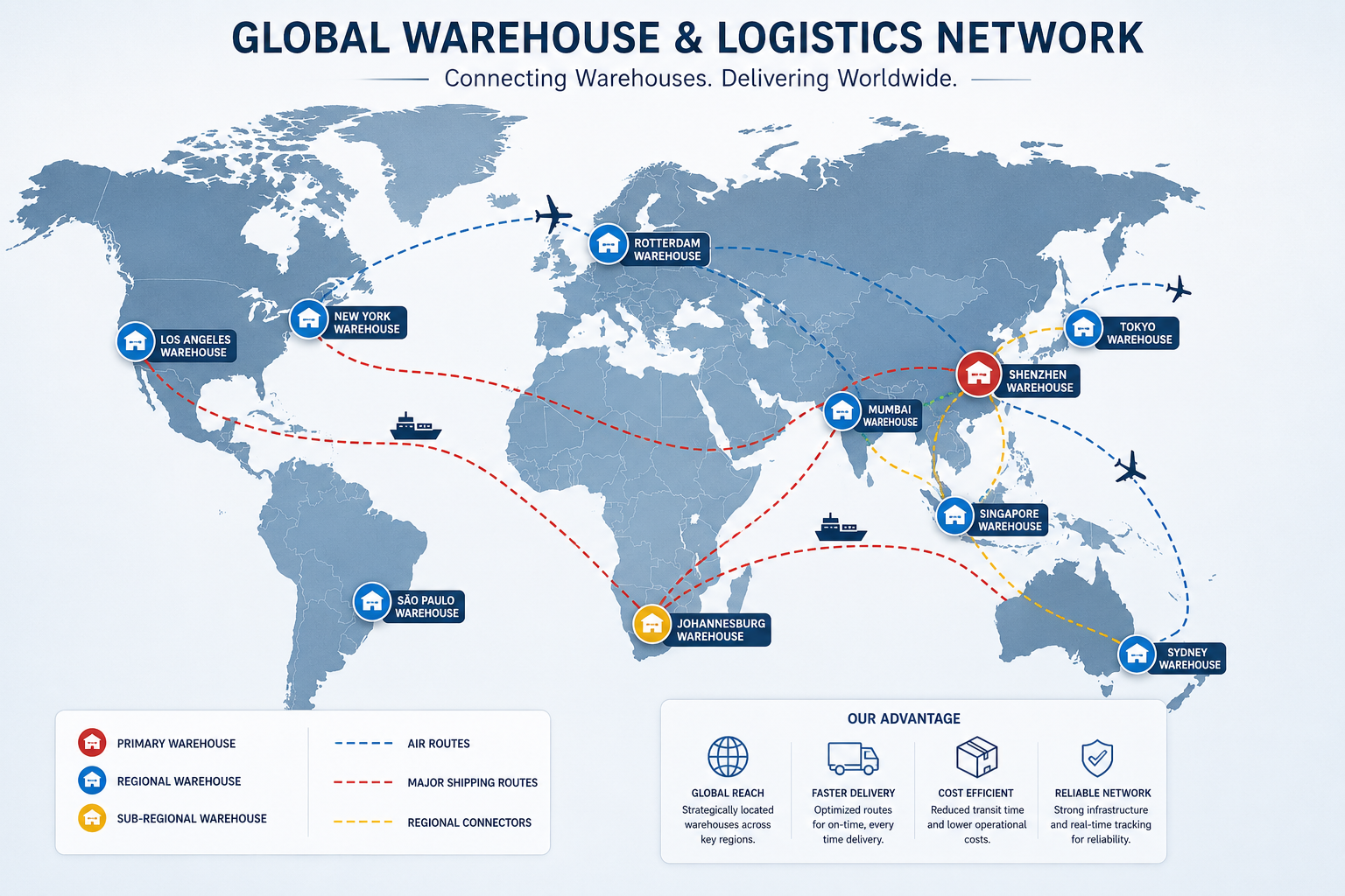 World map showing warehouse locations and global logistics network.