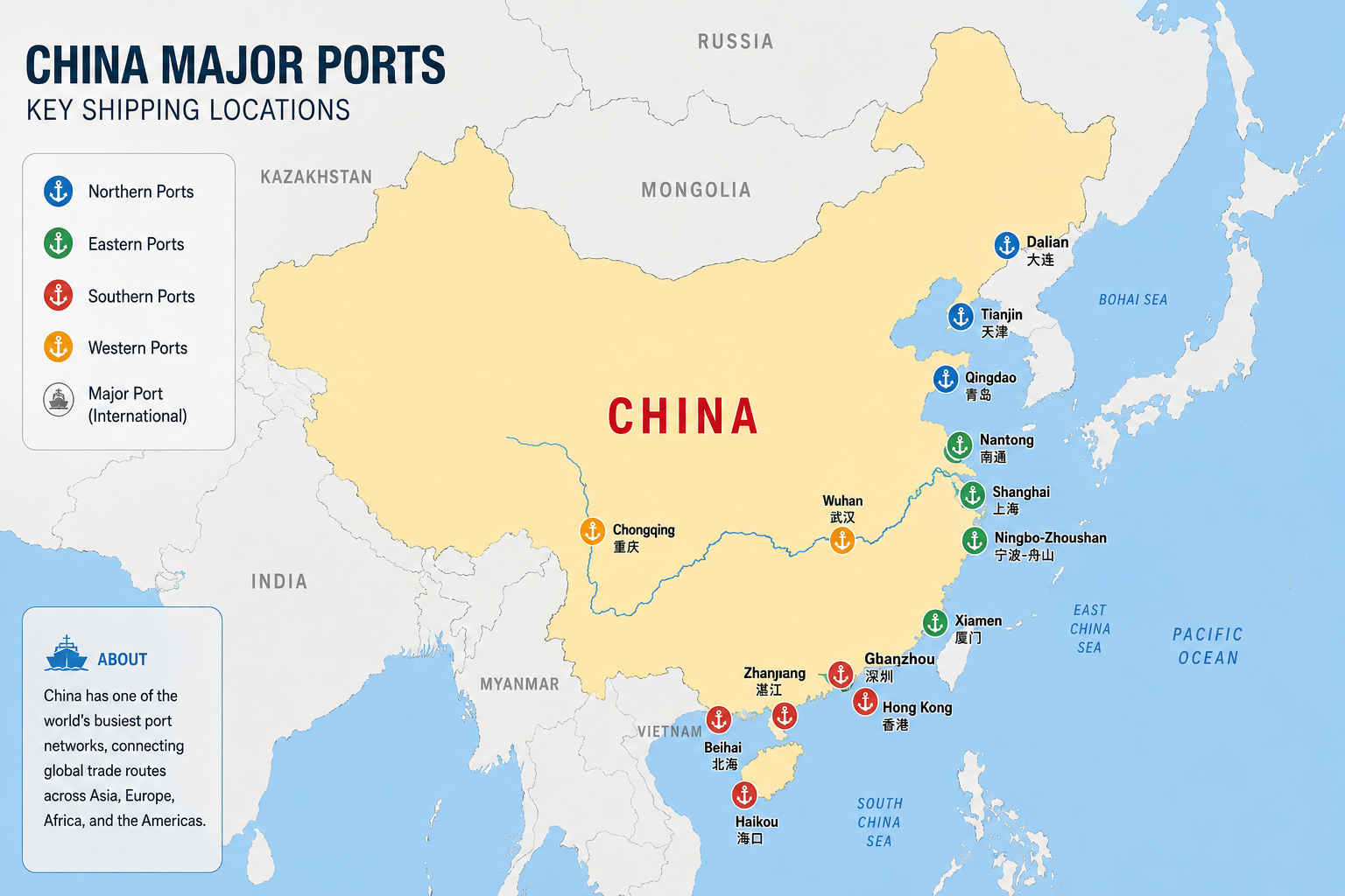 China map highlighting major ports and shipping locations for international logistics and fulfillment.
