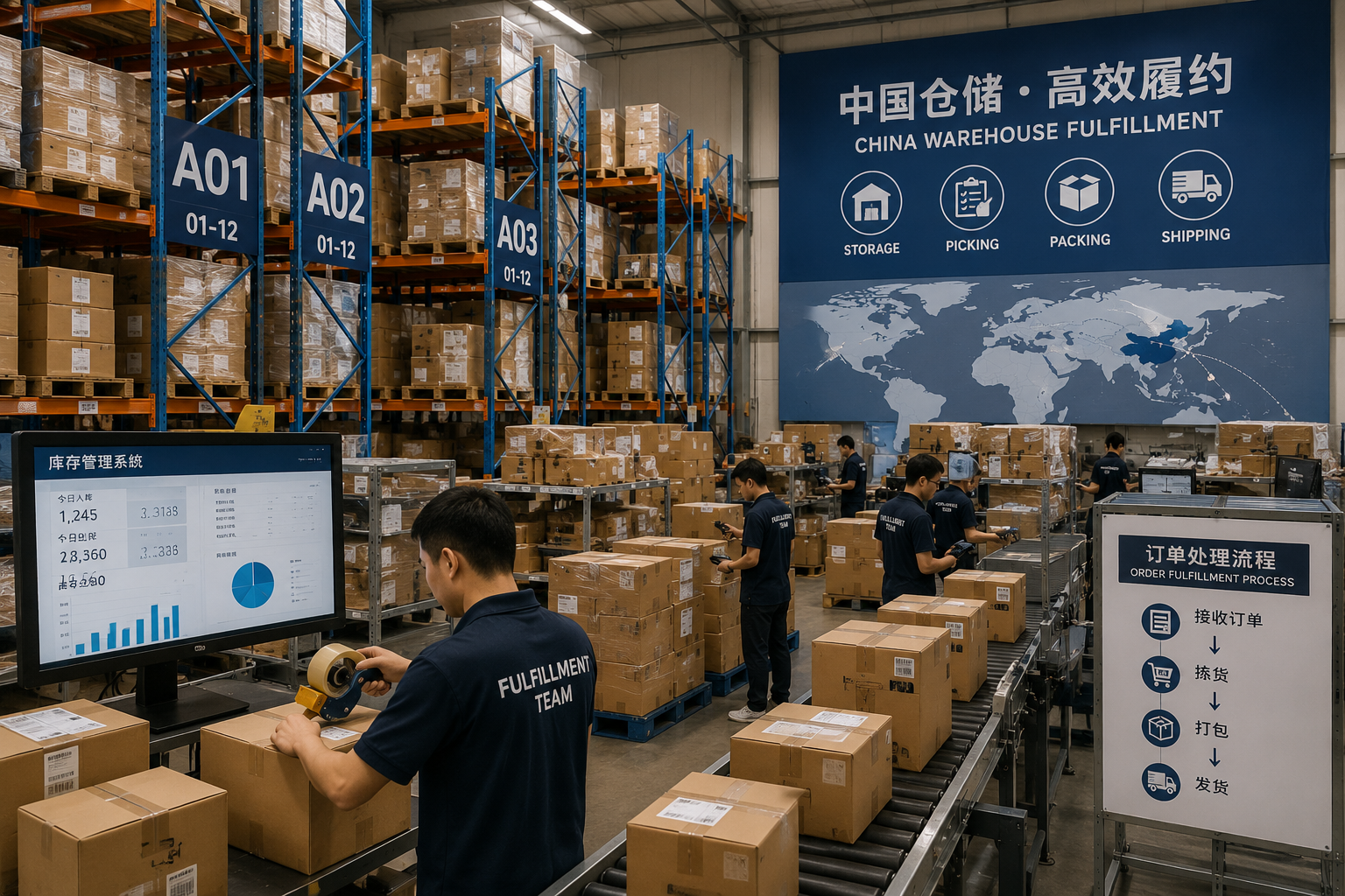 China warehouse fulfillment center with organized inventory storage and packaged goods on shelves.
