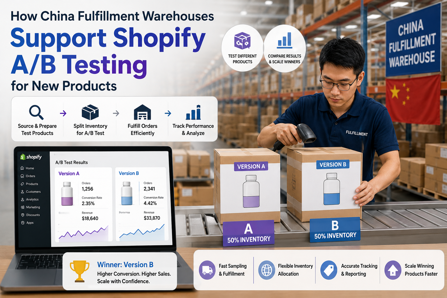 China fulfillment warehouse supporting Shopify A/B testing with sample products and order variations.