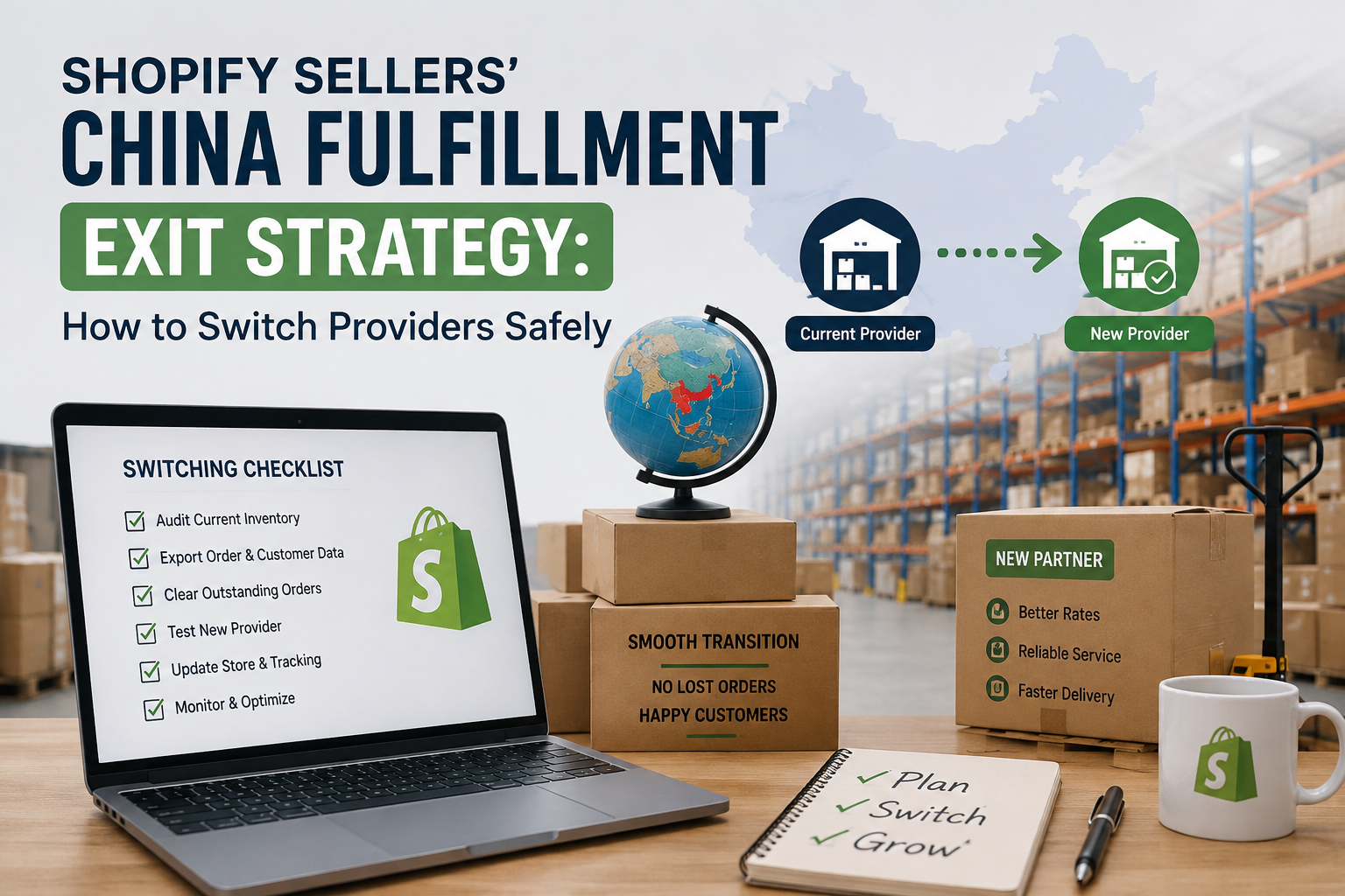 Shopify seller transitioning from a China fulfillment provider to a new warehouse with organized logistics planning.