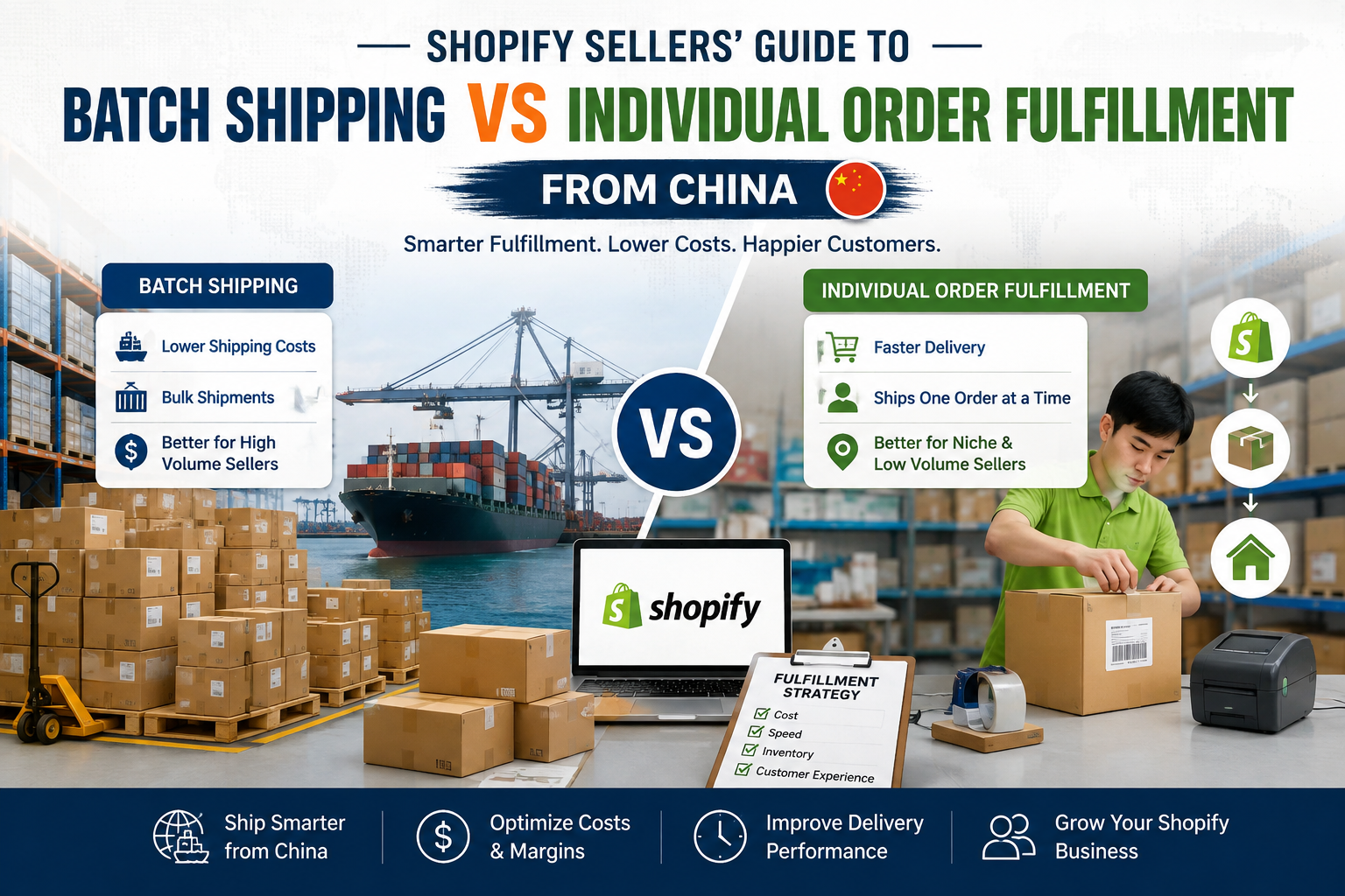Shopify orders being batch shipped and individually fulfilled from a China warehouse.