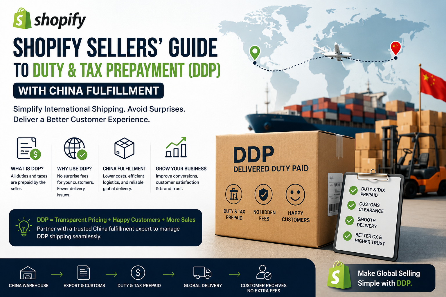 Shopify sellers calculating duty and taxes with DDP shipping through China fulfillment.