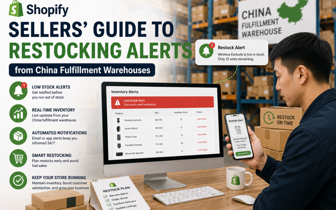 Shopify sellers monitoring inventory restocking alerts from a China fulfillment warehouse