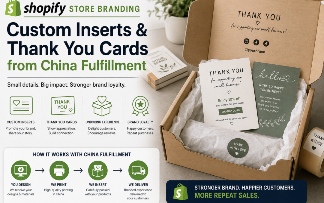 Shopify store branding with custom inserts and thank you cards included in China fulfillment packaging.