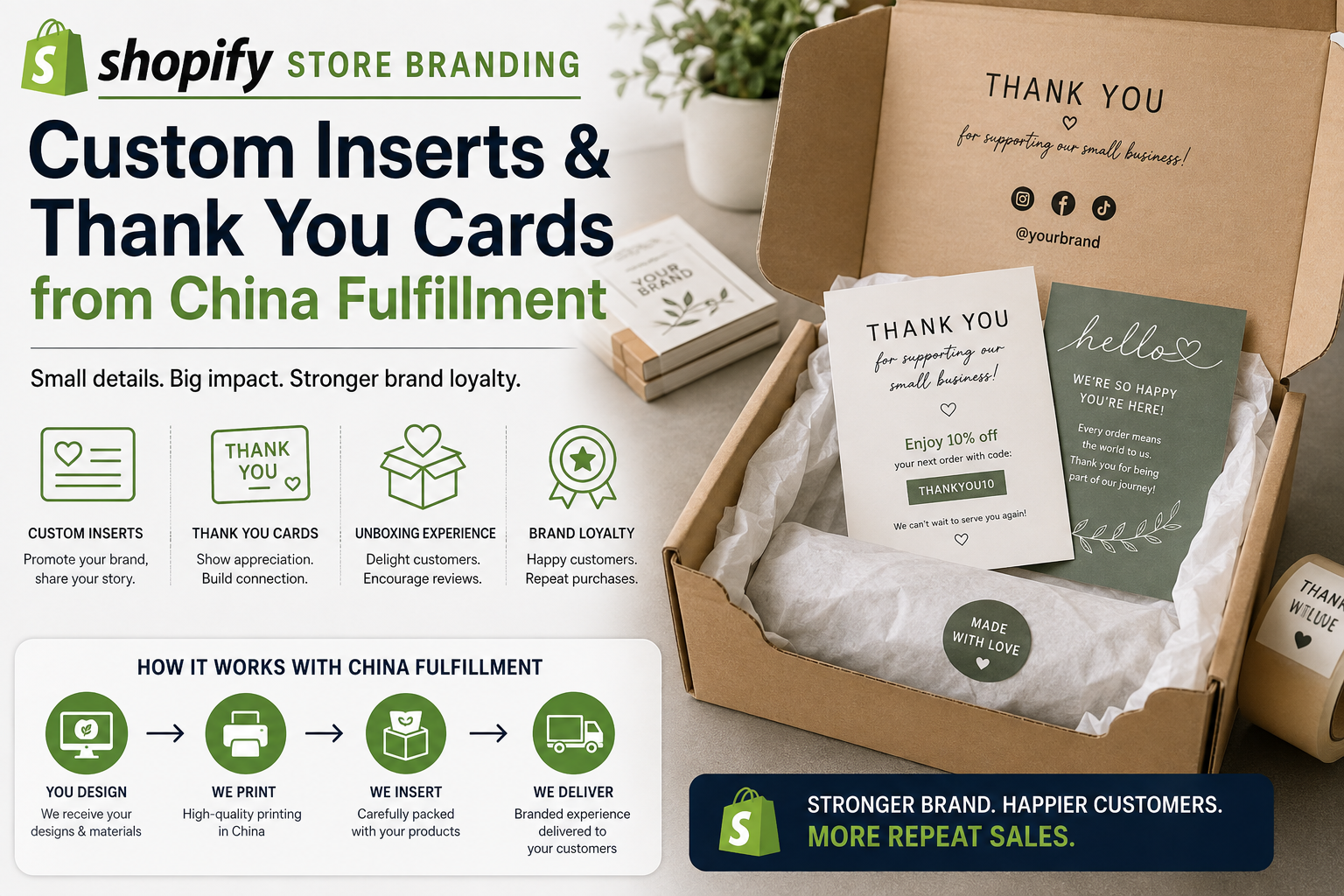 Shopify store branding with custom inserts and thank you cards included in China fulfillment packaging.