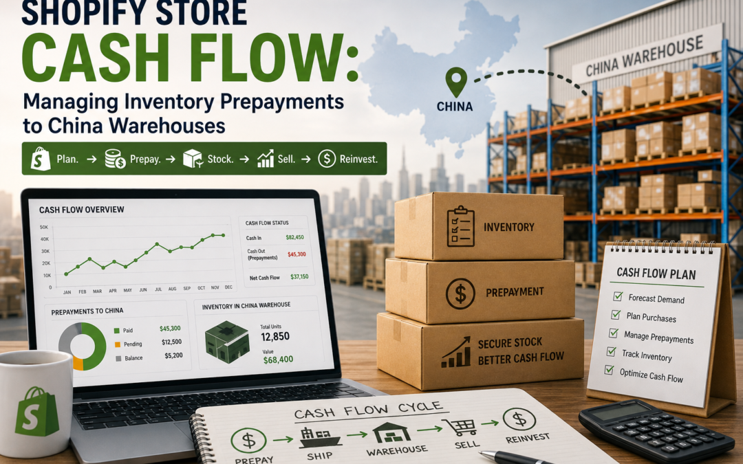 Shopify store owner managing inventory prepayments and cash flow with a China fulfillment warehouse.
