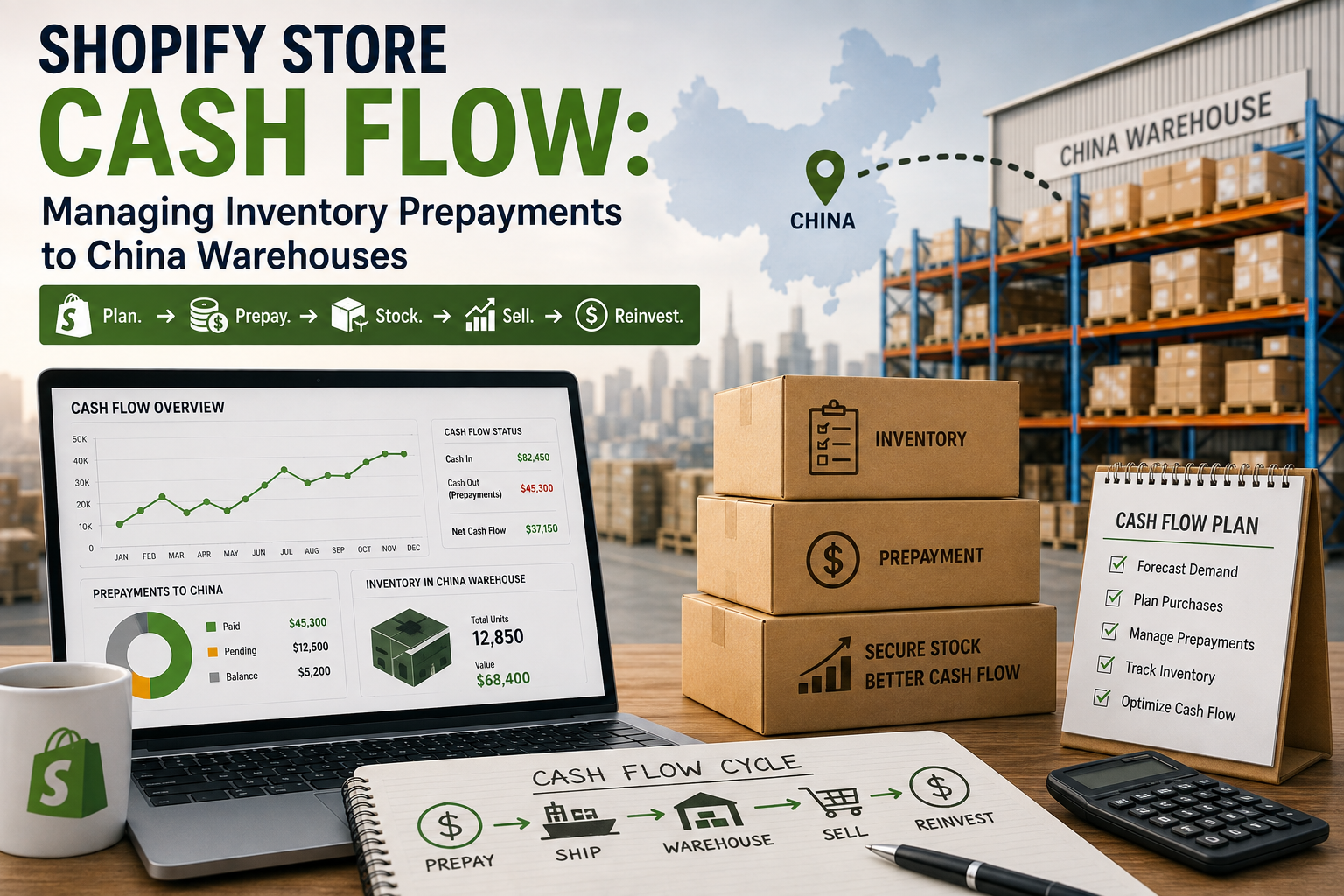 Shopify store owner managing inventory prepayments and cash flow with a China fulfillment warehouse.